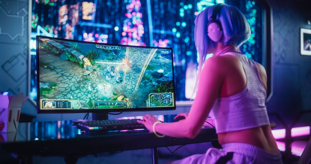 Young Woman Playing Online RPG Strategy Video Game on a Computer in a Futuristic Digital Space.