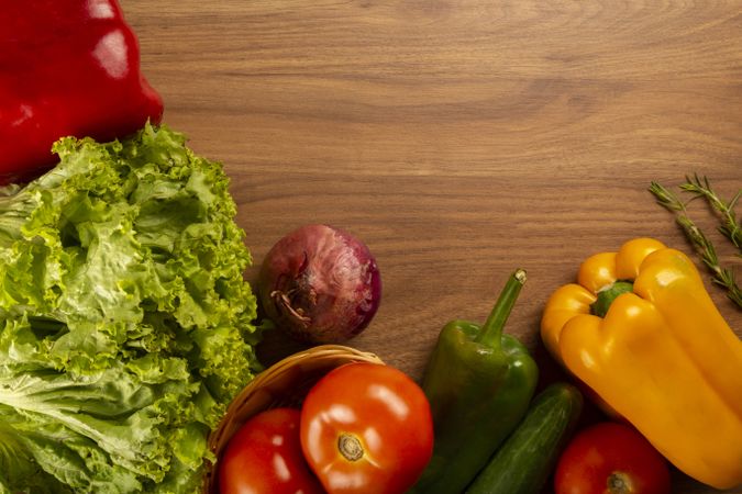 Fresh produce on wooden table with copy space
