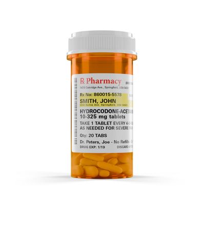Hydrocodone Prescription Medicine Bottle and Pills
