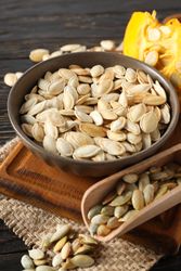 Concept of Autumn vibe food, Pumpkin, Pumpkin seeds