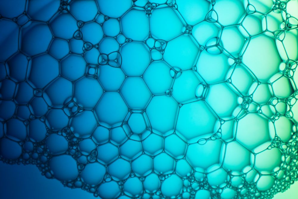 Abstract background bio technology, macro photography foam and water with gradient background. Molecule multicolor backgorund