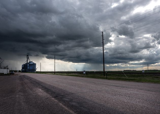 Ominous clouds above Pine Bluffs, a small farming community in Wyoming