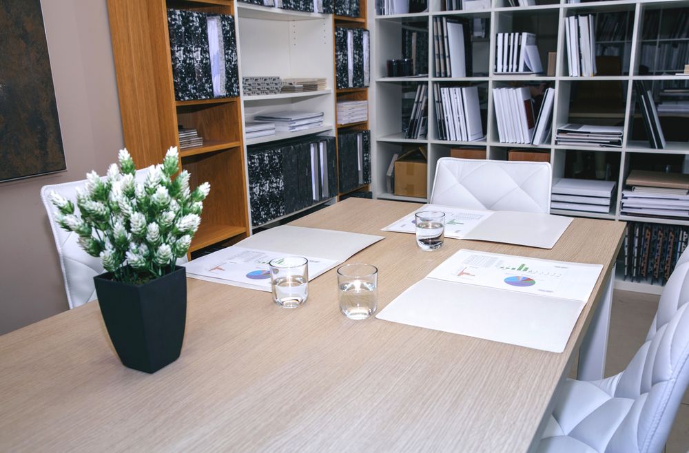 Desktop with graphs and diagrams in headquarters