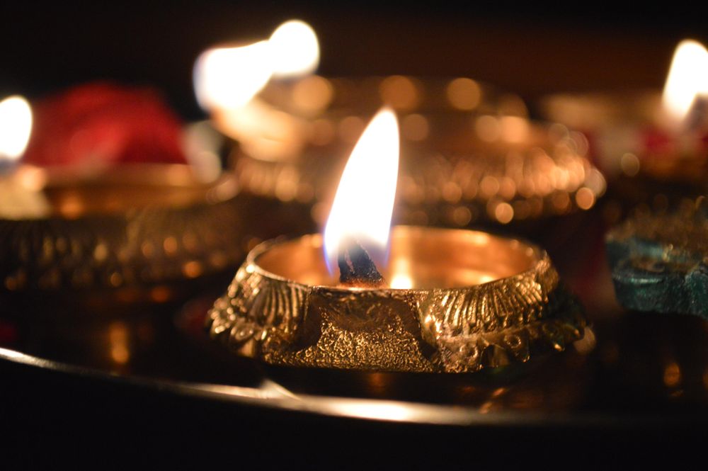 Lit diyas in close-up