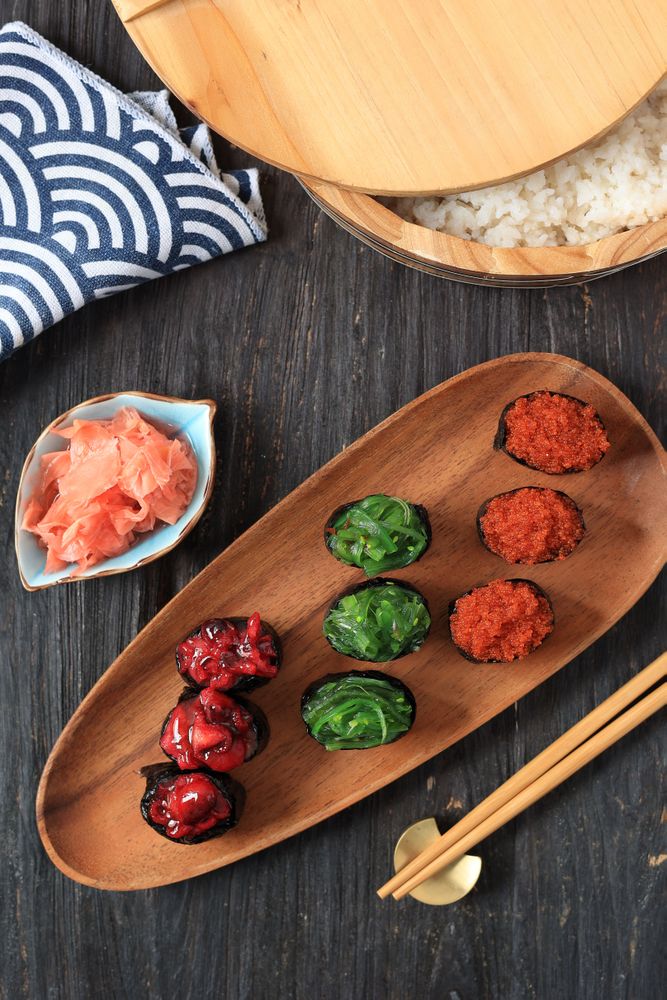 Gunkan Maki Sushi Set on Wooden Plate