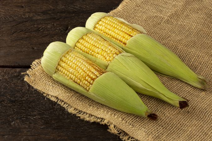 Green corn on the wooden table.