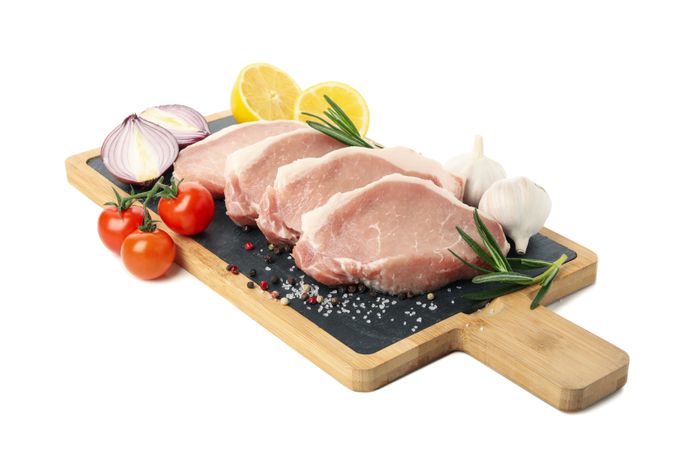 Raw meat for steak and ingredients isolated on blank background