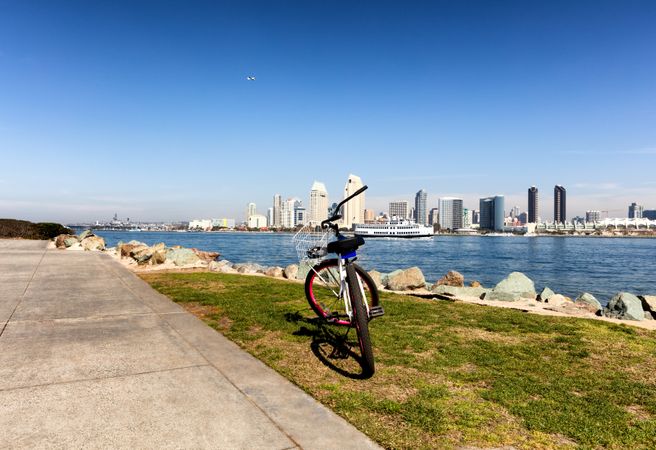 Bicycle with San Diego skyline from the bay
