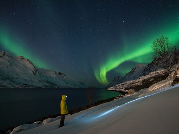 Man looking at aurora borealis sky