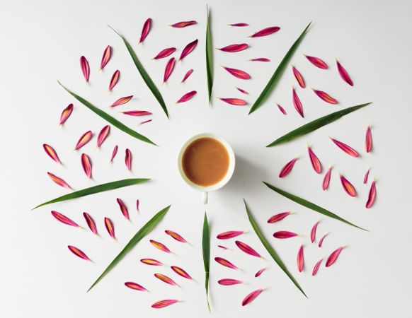 Colorful bright pattern of petals and leaves surrounding light mug of coffee