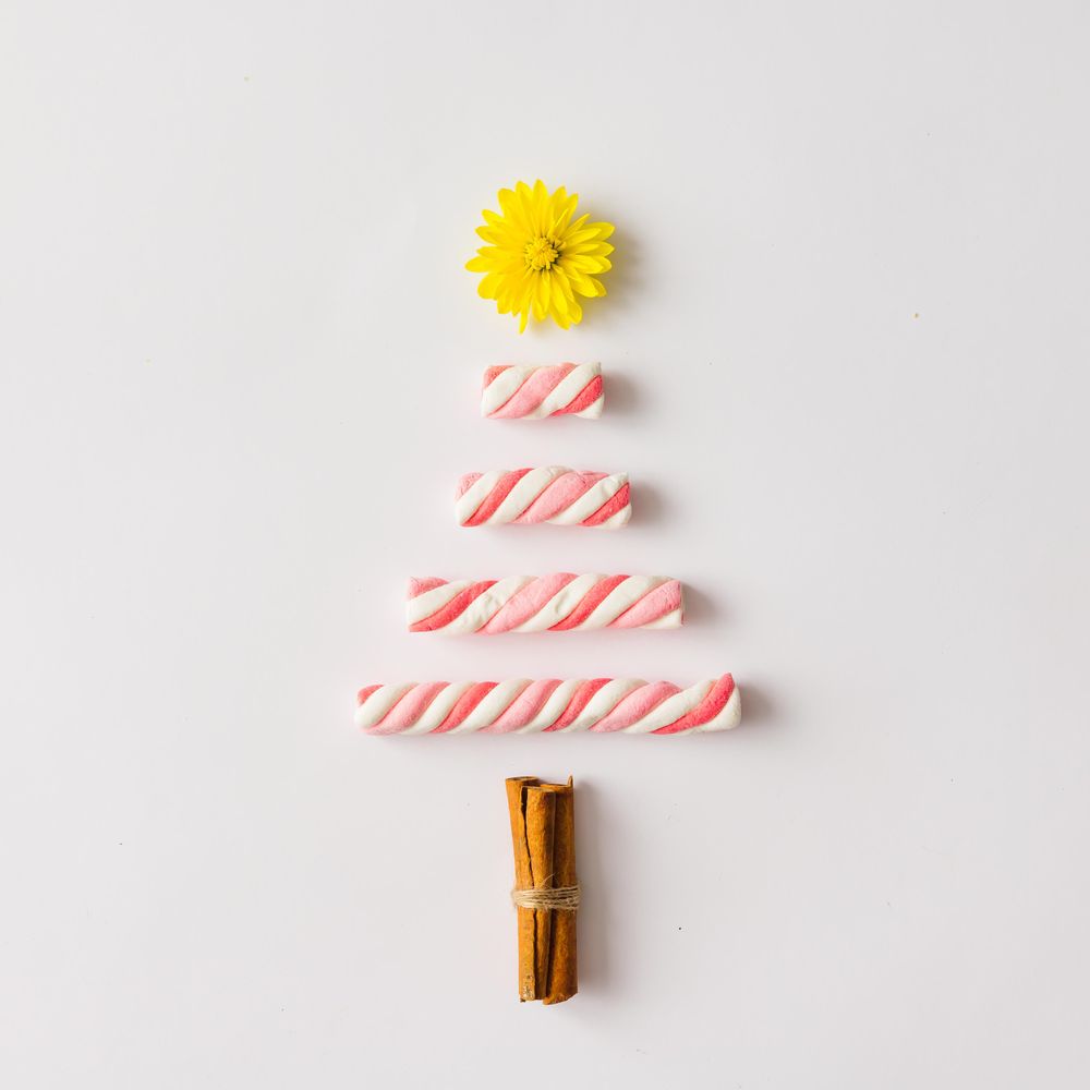 Christmas tree made of marshmallow candy, flower and cinnamon sticks