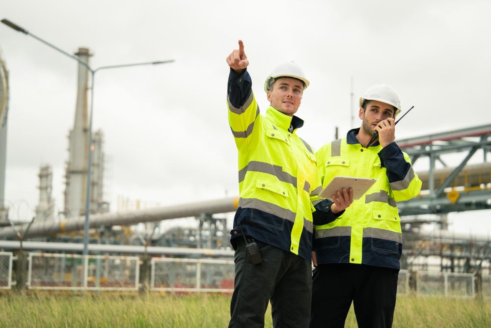 Engineer worker checking project at petrochemical factory