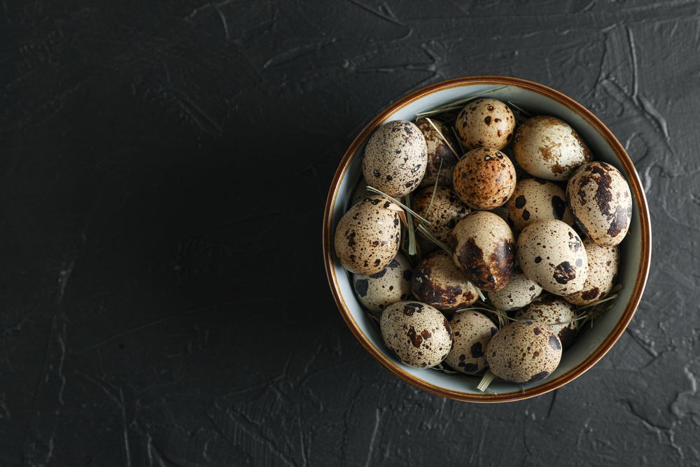 Many quail eggs in bowl on dark background, space for text and top view