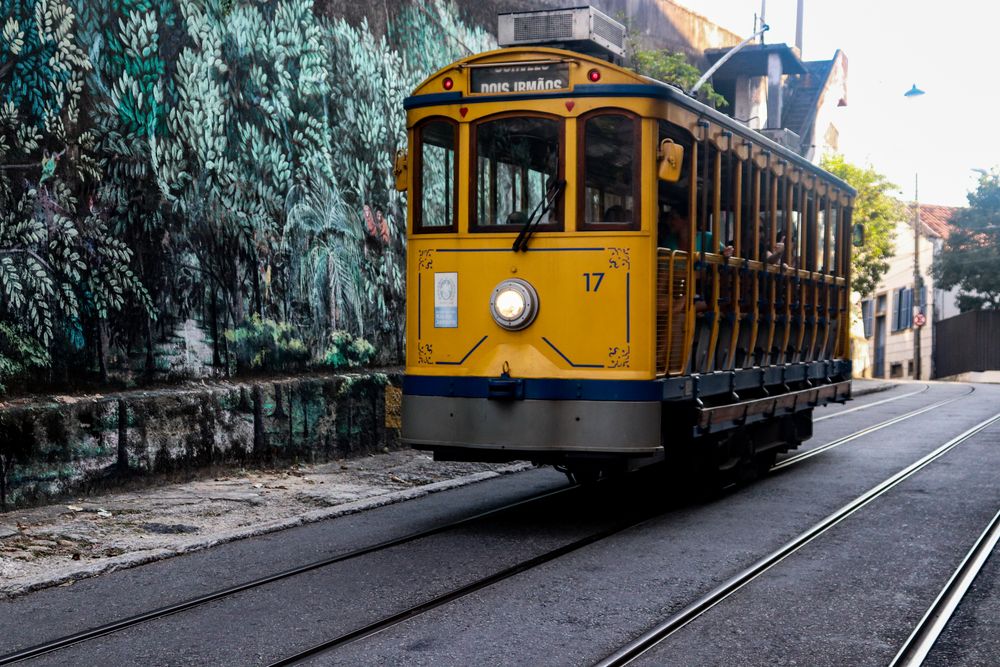 Yellow tram on rail