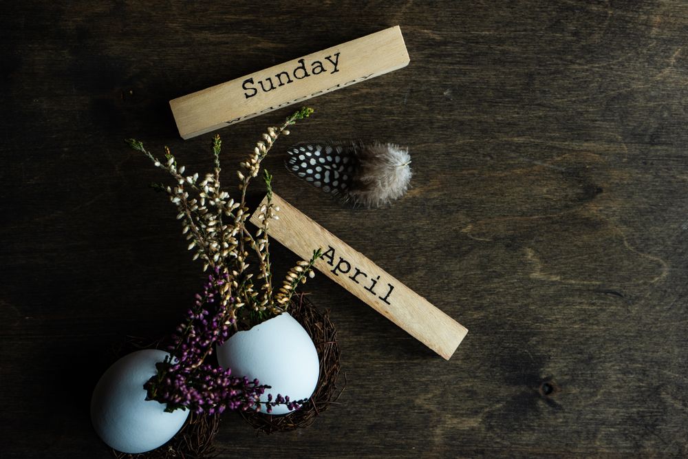 Close up of heather in decorative eggs for Easter table with space for text