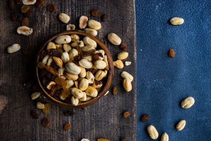 Top view of healthy nuts on dark background