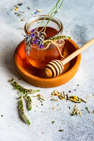 Floral honey pot on counter