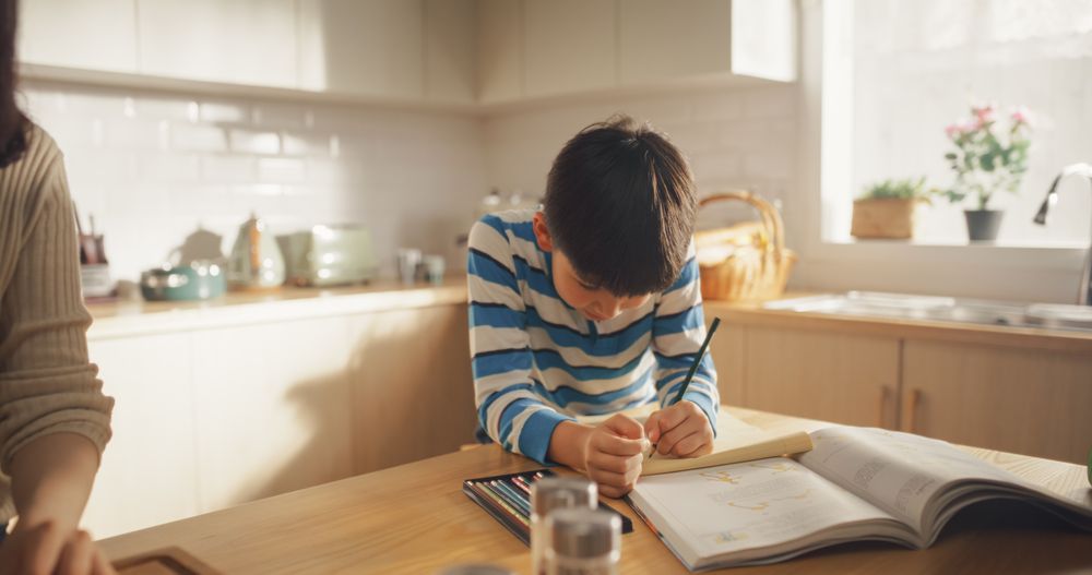 Portrait of a Korean Woman and her Son in the Kitchen at Home: Beautiful Mother Preparing for Cooking Lunch
