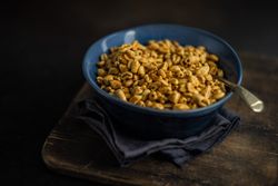 Blue bowl of breakfast cereals
