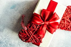 Top view of Valentine present with heart & bow