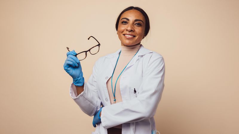 Successful female doctor on brown background