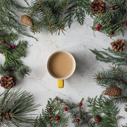Winter foliage with pine cones bordering marble background with milky tea