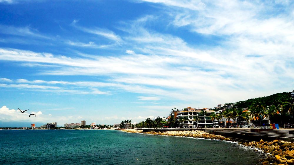 Sun-Kissed Shores: Puerto Vallarta Coastline under Clear Skies