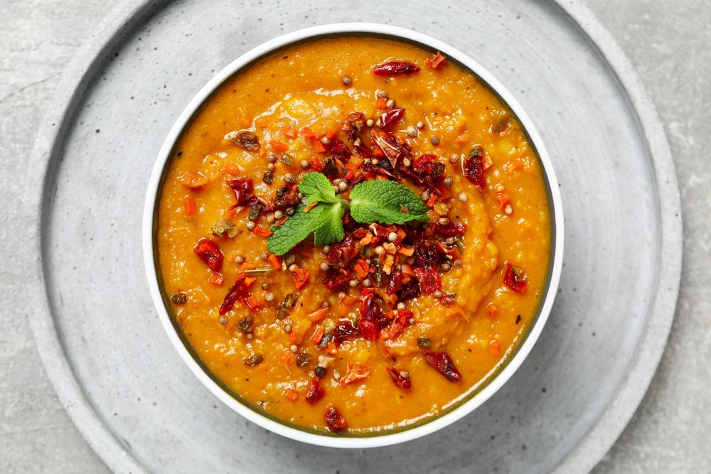 Concept of tasty food, sweet potato puree, top view