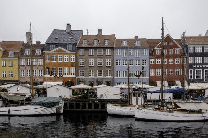 Boats lining river in Denmark
