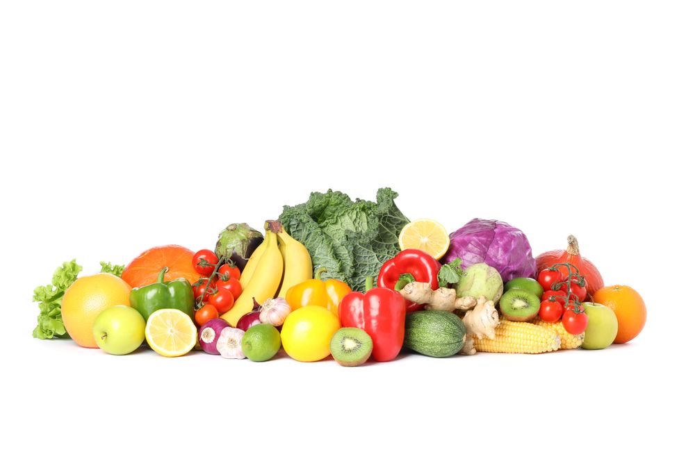 Composition with fresh vegetables and fruits isolated on blank background