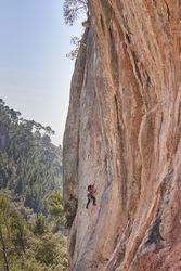 Mountaineer climbing rock in nature