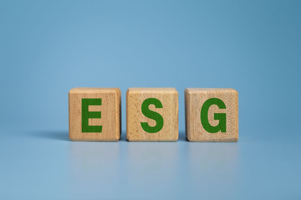 ESG letter symbol on wooden blocks isolated on blue background. concept of environmental and sustainability government responsibility