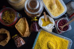 Top view of dried grains and legumes from pantry