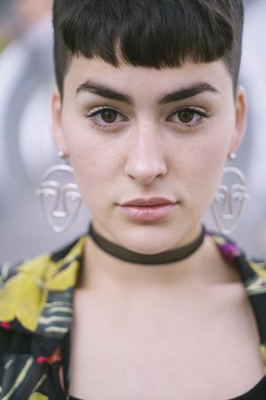 Woman looking deeply at camera