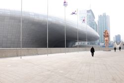 People walking on a South Korean plaza