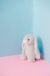 Plush rabbit toy in corner in pastel room