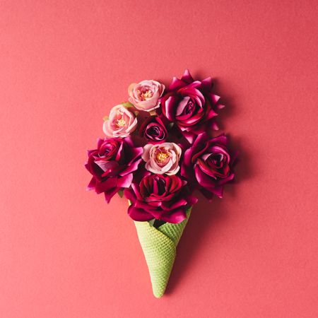 Roses and green waffle cone on dark coral background