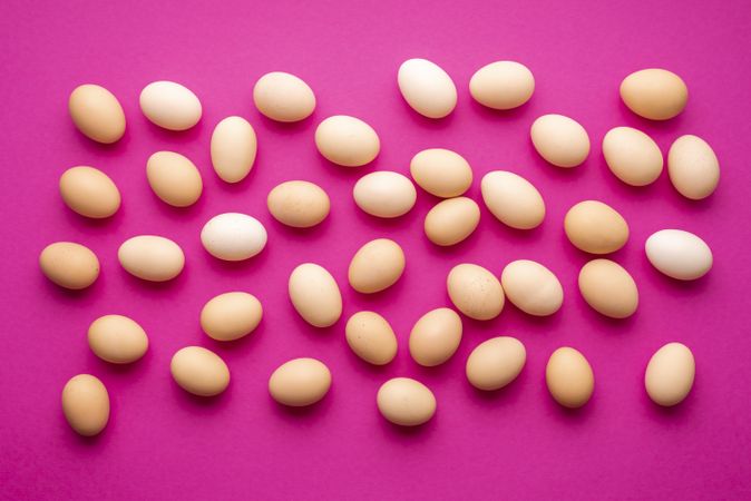 Organic eggs on a pink background, top view