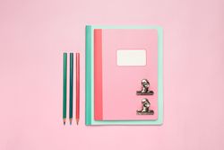 School stationery set on pink background
