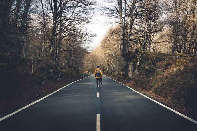 Man walking along empty forest road