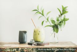 Iced matcha drink with creamer on side, with eco friendly straw and leaves, horizontal composition 56N9z5