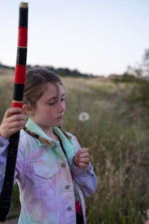 Little girl holding a dandelion puff standing outside in the evening