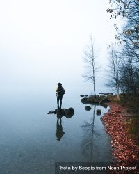 Person with backpack standing on rock in lake 5X8GG5