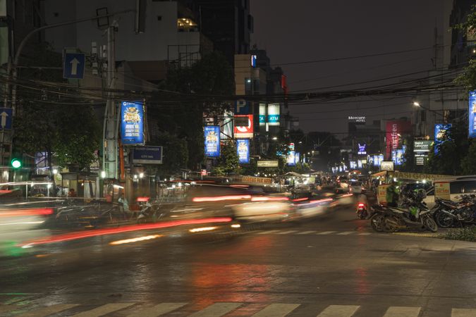 Jakarta, Indonesia - July 14, 2019: Streets and traffic in Central Jakarta at night