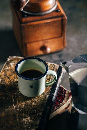 Coffee in an enamel cup