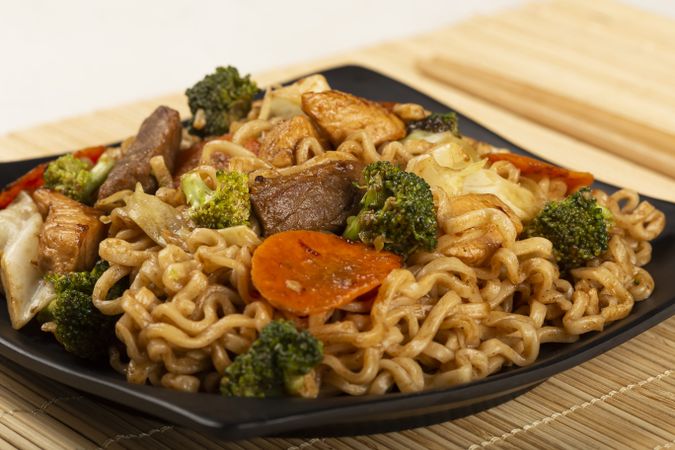 Yakisoba noodles. Yakisoba dish with meat, chicken and vegetables.