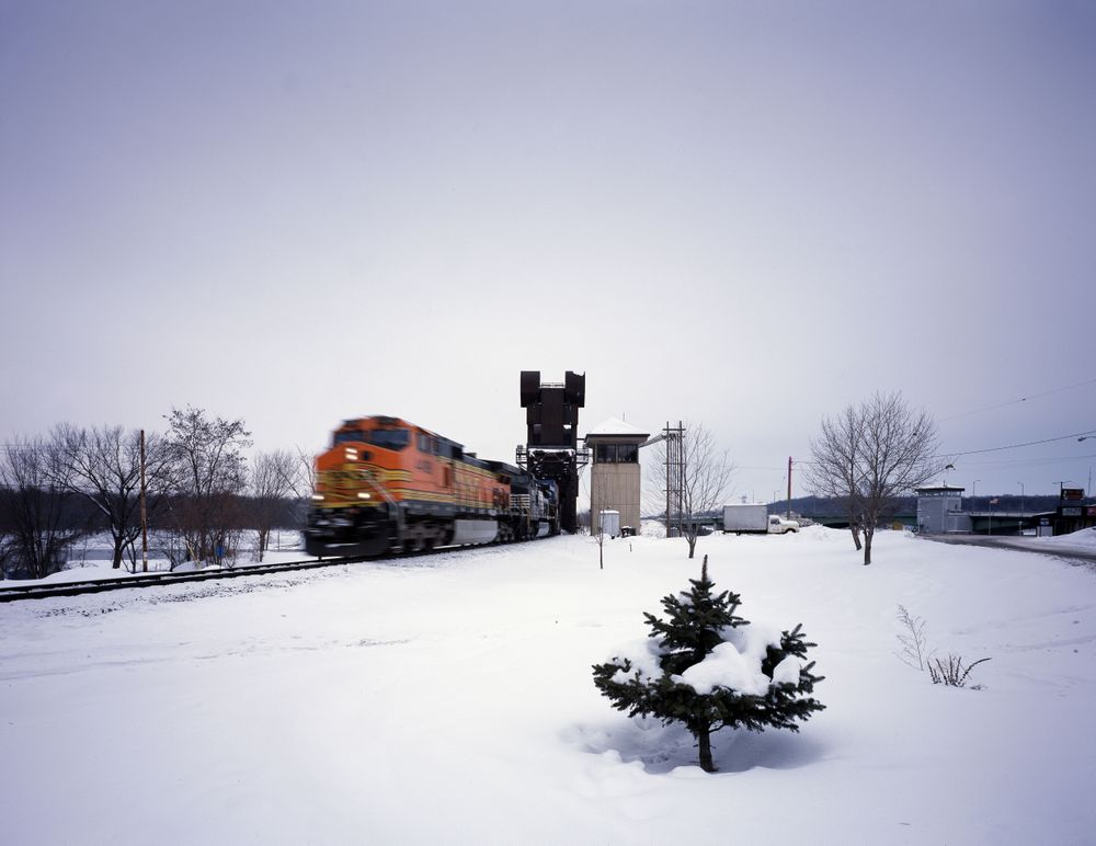 Passing train on winter day in Prescott, Wisconsin