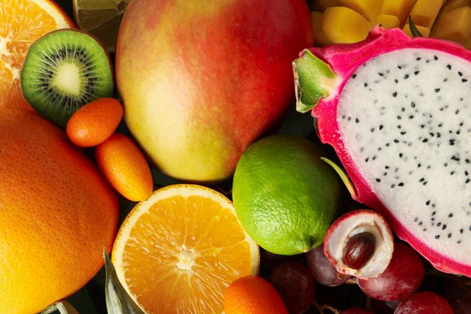 Set of fresh ripe tropical fruit, close up