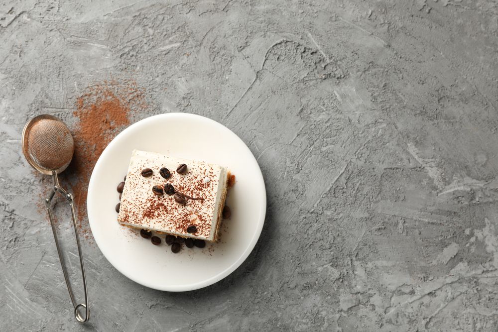 Composition with plate of tasty tiramisu on gray background