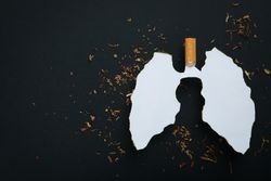 Ripped paper in lung shape with cigarette and tobacco on dark background with copy space